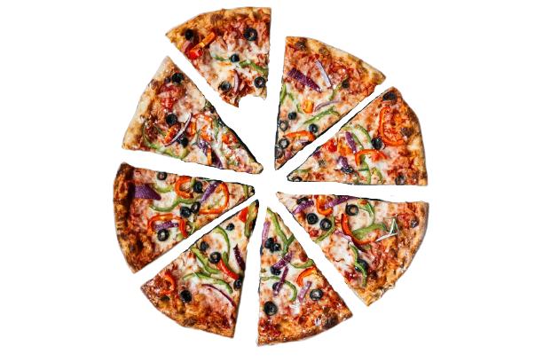 A slice of pizza is shown on a black background.